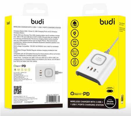 Budi AC027TE / AC027TU 20W(Pd+Qc)+12W/5V2.4A+5W wireless charger station