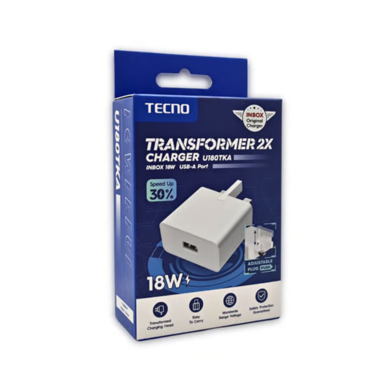 Tecno U180TKB+C11 2x Faster 18W Fast Charger with Type-C Cable