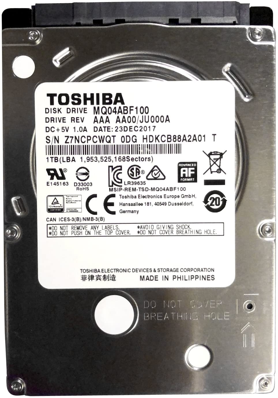 TOSHIBA MQ04ABF100 1TB HDD 4個【0519T27】 Toshiba 1TB 5400 rpm Sata 7mm 2.5