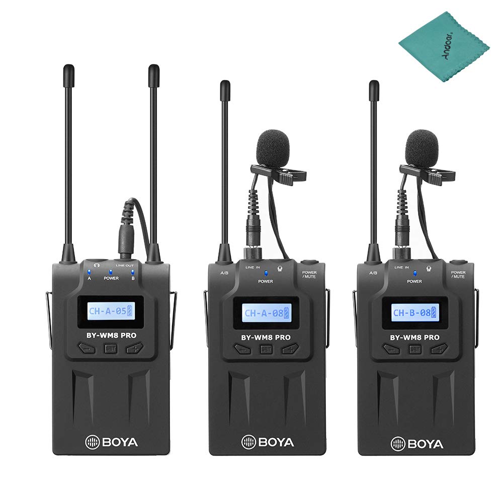 BOYA by-WM8 Pro-K2 UHF Dual-Channel Wireless Microphone System  Receiver+Transmitter A+Transmitter B with LCD Display Screen for Canon  Nikon DSLR