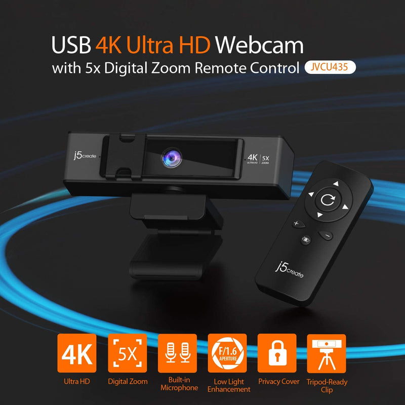 j5create 4K ULTRA HD Webcam with 5x Digital Zoom Remote Control, Low Light Enhancement, Dual High-Fidelity Microphones for Video Conferencing, Online Classes and Live Streaming - JVCU435