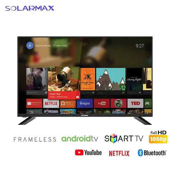 Solarmax 32-Inch LED Digital TV, Frameless Smart Bluetooth-Enabled Android TV, Netflix + YouTube, Wi-Fi Television