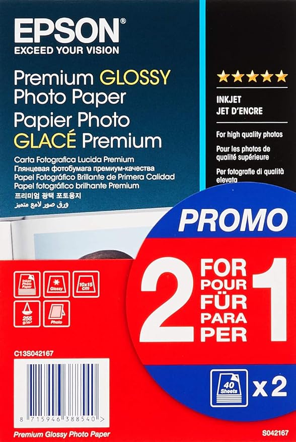 Epson Premium glossy photo paper inkjet 255g/m2 (A6 paper 100x150mm) 2x40 sheets (C13S041822)
