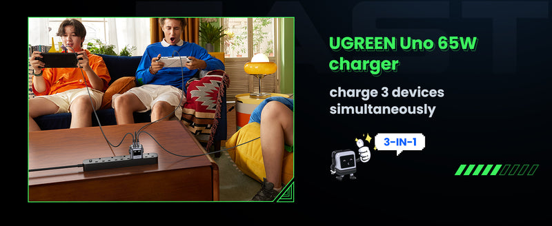 UGREEN XeNodR 65W 3‑Port GaN Fast Charger (UG‑25686) – Robot LED Display, USB‑A + 2 USB‑C, Compact & Safe 