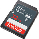 SanDisk Ultra GO 32GB SD Card SDSDUGN-032G-GN6IN showing the SanDisk Ultra GO branding, 32GB capacity, UHS-I interface and up to 120MB/s read speed, suitable for compatible digital cameras and other devices