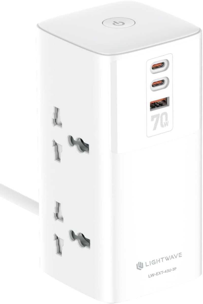 Light Wave LW-EXT-43U-3P Power Extension Tower: 4-Way Socket with 3 USB Fast Charging Ports, 70W Super Fast Charging, and Surge Protection