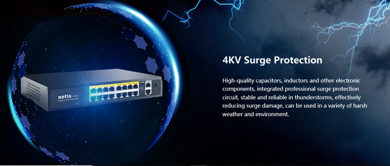 Netis P116GH - 16-Port Fast Ethernet PoE Switch + 2 Gigabit Uplink Ports – Reliable Power & Data for IP Devices