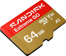 SanDisk Extreme GO 64GB microSDXC memory card for compatible digital cameras and video recording devices, featuring up to 170MB/s read speed and V30 Video Speed Class