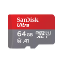 SanDisk Ultra 64GB microSDXC memory card front view showing 64GB storage capacity, up to 100MB/s read speed, A1 performance class