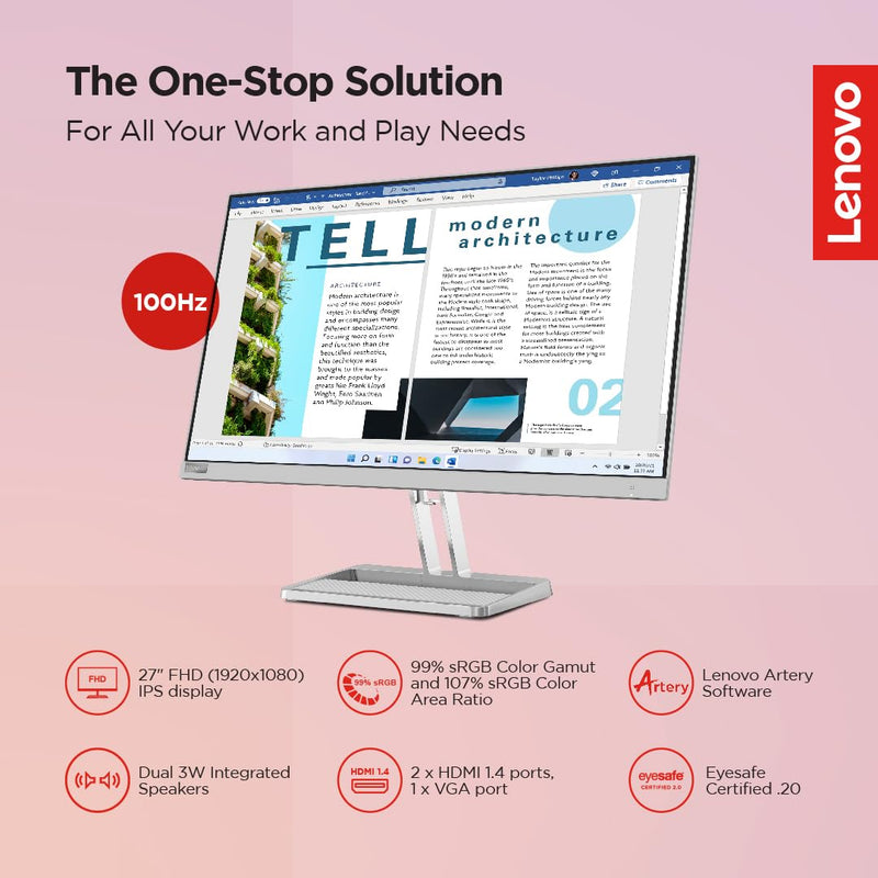 Lenovo L27i-40 FHD 27-Inch Computer Monitor - Connectivity: 1 VGA, 2 HDMI 1.4 (67ABKAC4AE)