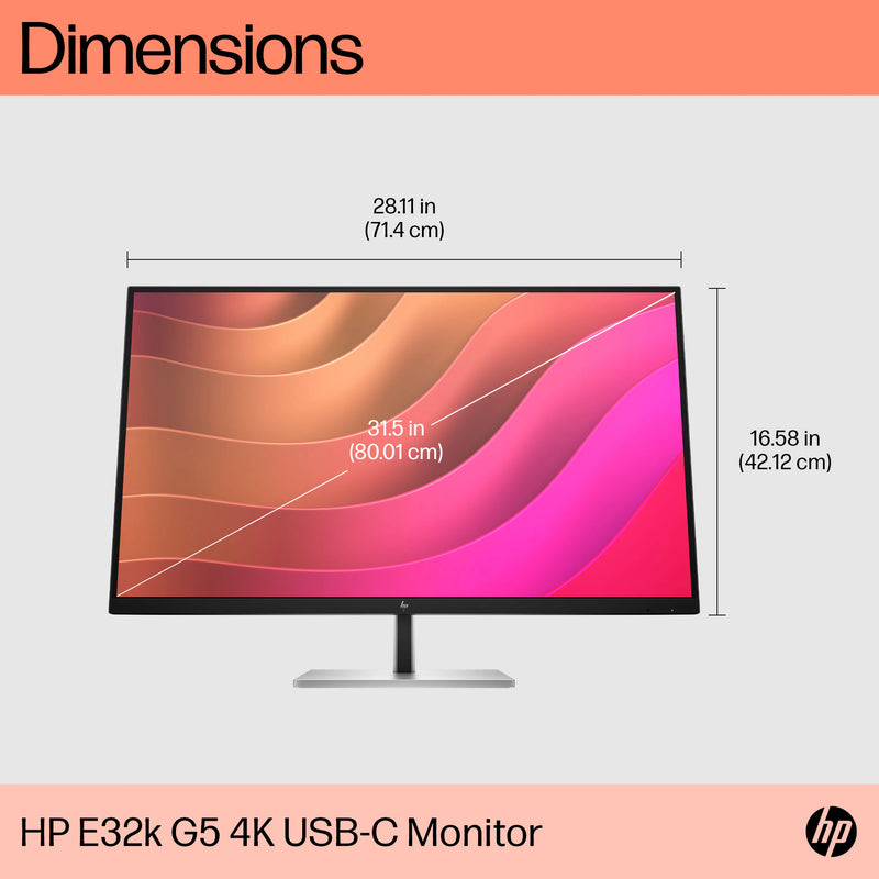 HP E32k G5 31.5" 4K USB-C Computer Monitor - Integrated Speakers, 1 SuperSpeed USB Type-C Slot, 1 HDMI 2.0, 1 DisplayPort 1.4, 3 SuperSpeed USB Type-A, 1 RJ-45, Security Cable Slot, Pivot Adjustable (6N4D6AS)