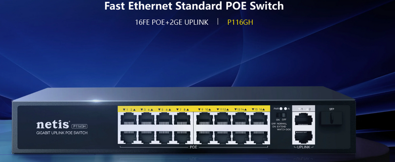 Netis P116GH - 16-Port Fast Ethernet PoE Switch + 2 Gigabit Uplink Ports – Reliable Power & Data for IP Devices