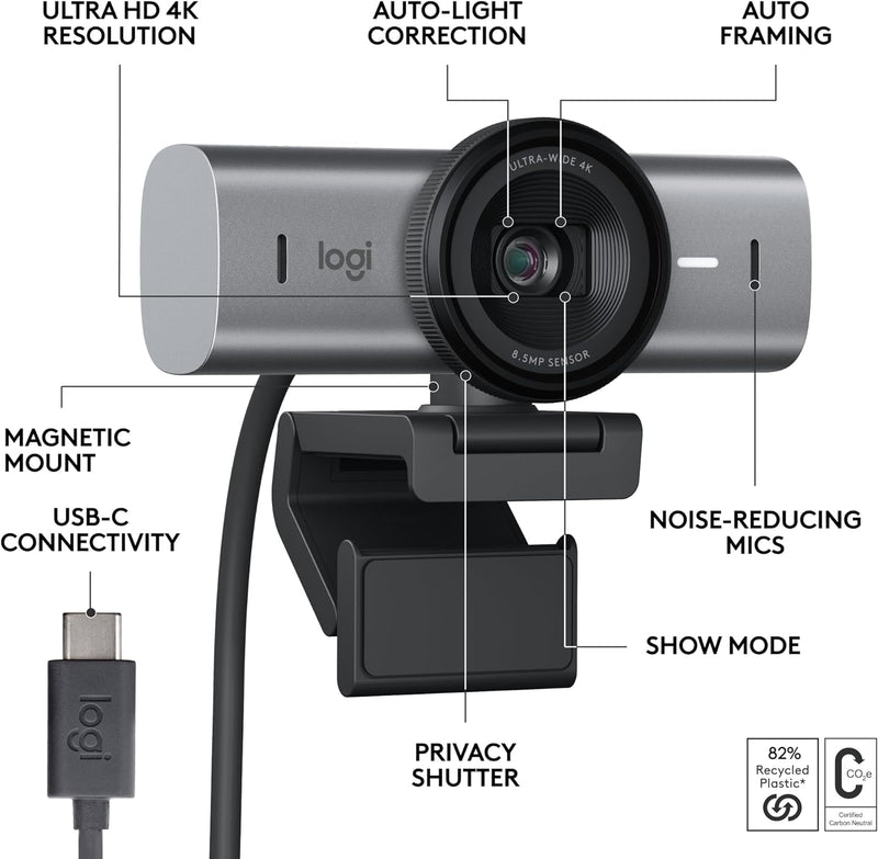 Logitech MX Brio Ultra HD 4K Streaming Webcam, 1080p at 60 FPS, USB-C, Webcam Cover With Free Adobe Creative Cloud Subscription (960-001559)