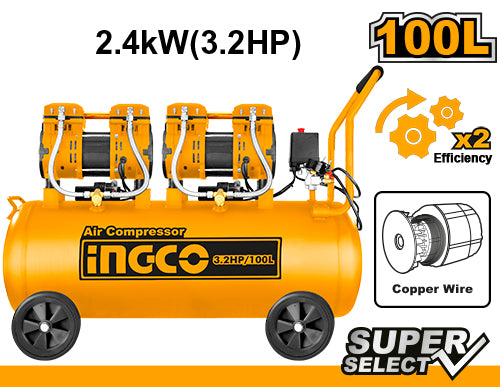 Ingco ACS2241001 100L Oil free Sound Less Air Compressor With 3.2 HP Copper Winding Motor