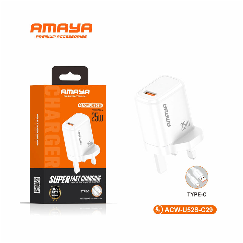 Amaya ACW-U52S-C29 25W Single U GB 2in1 Fast Charger with Type-C Cable