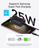 Anker 25W USB-C fast charger connected to a smartphone with 5ft cable