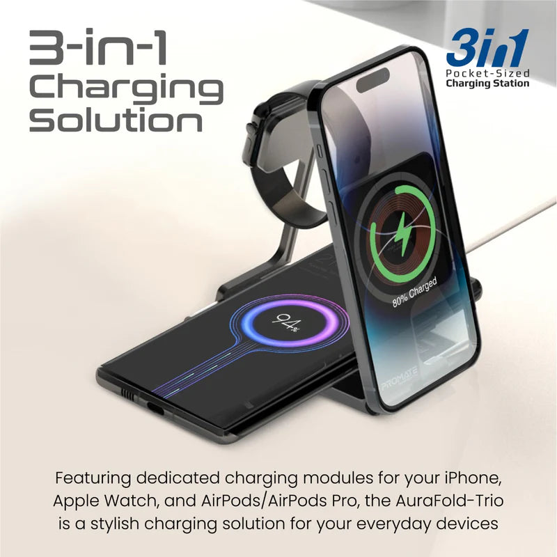 Promate AuraFold-Trio Wireless Charging Station Ultra-Slim