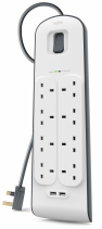 Belkin BSV804AF2M 8-Outlet Surge Protection Strip with 2.4 Amp Dual USB Charging and 2-Meter Power Cord – Protects multiple devices from power surges while offering convenient USB charging and extended reach for home and office use