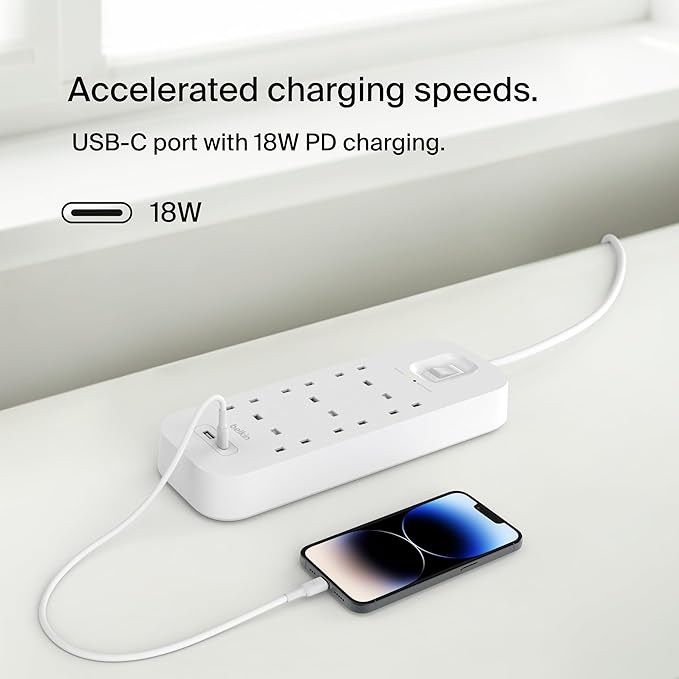 Belkin SRB002ar2M 6-Outlet Surge Protector Power Strip,18W, USB A + C