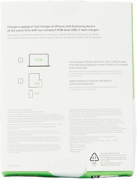 Belkin WCH011MYBK BoostCharge Pro Dual 45W USB-C GaN Wall Charger