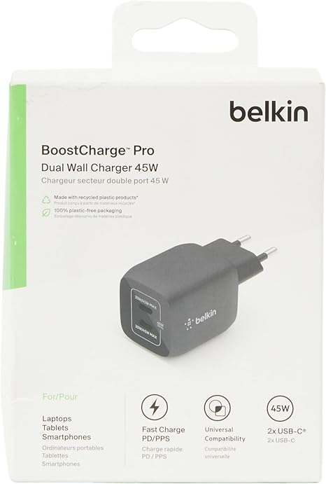 Belkin WCH011MYBK BoostCharge Pro Dual 45W USB-C GaN Wall Charger