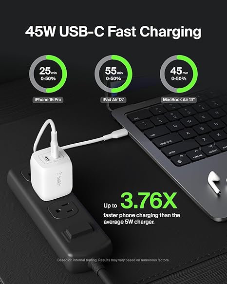 Belkin WCH011myWH Boost Charger pro Dual USB-C Gan Wall Charger with PPS 45W