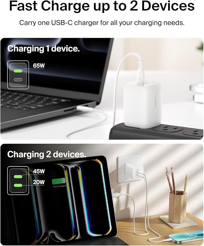 Belkin WCH013MYWH Boost Charge Pro Dual USB-C GaN Wall Charger 65W