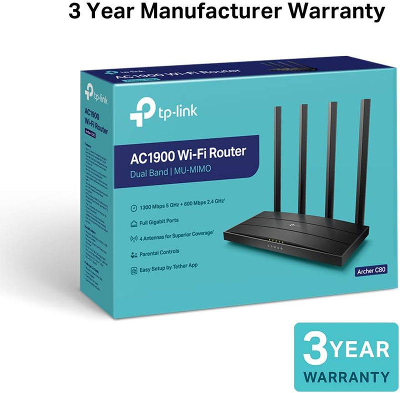 TP-Link Archer C80 AC1900 MU-MIMO Dual Band Wireless Gaming Router, Wi-Fi Speed Up to 1300 Mbps/5 GHz + 600 Mbps/2.4 GHz, Supports Parental Control, Guest Wi-Fi