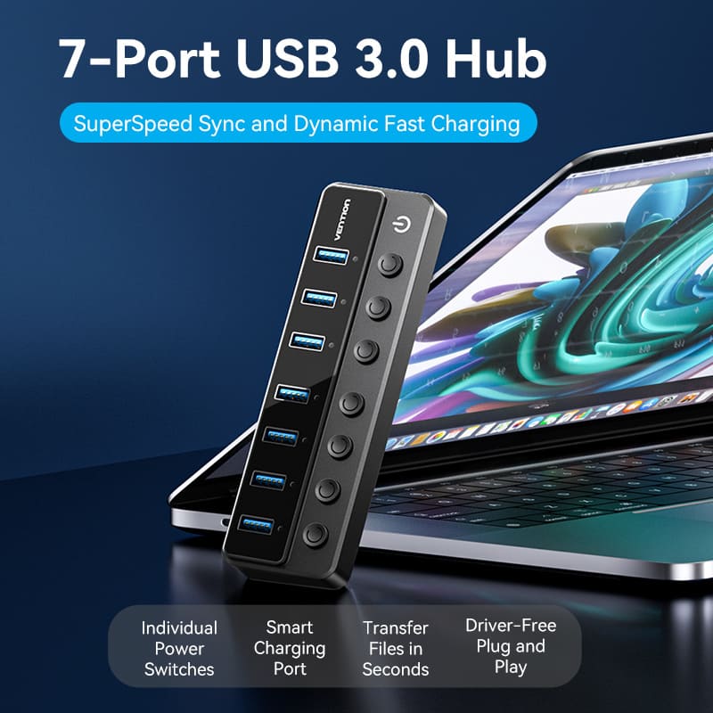 Vention CHXB0 USB B 3.0 to USB 3.0 x7 Hub with Individual Power Switches and DC 5.5mm Power Adapter