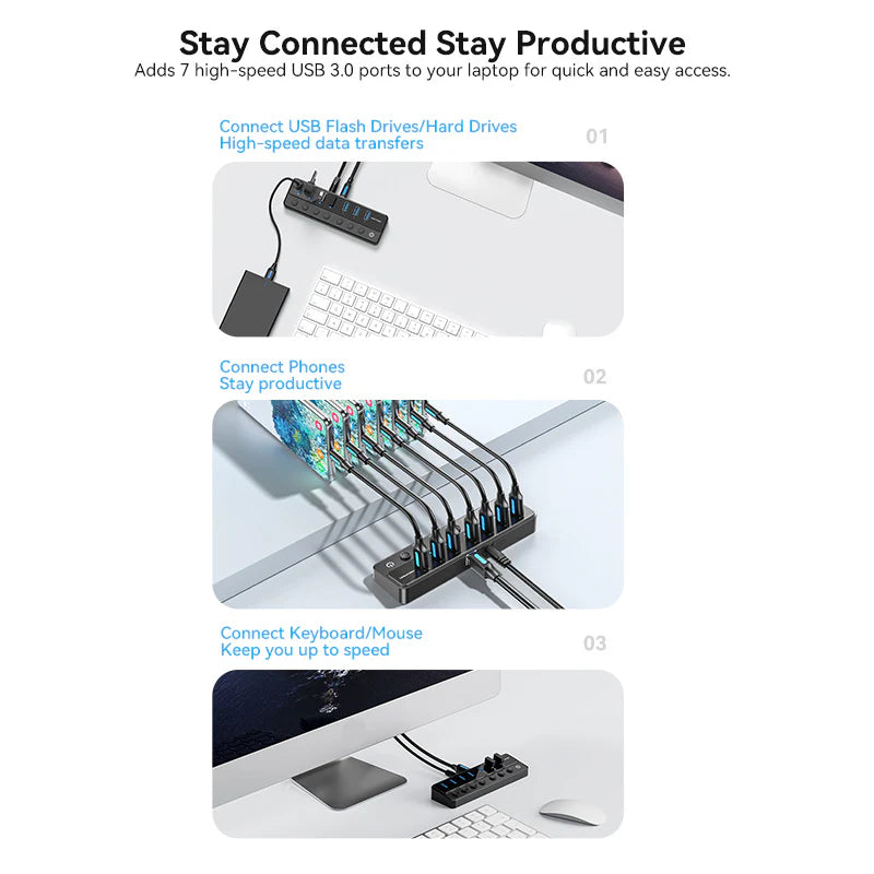 Vention CHXB0 USB B 3.0 to USB 3.0 x7 Hub with Individual Power Switches and DC 5.5mm Power Adapter