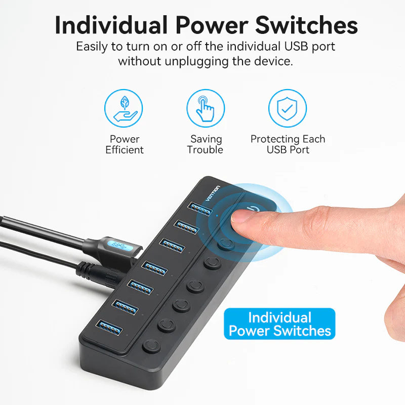 Vention CHXB0 USB B 3.0 to USB 3.0 x7 Hub with Individual Power Switches and DC 5.5mm Power Adapter