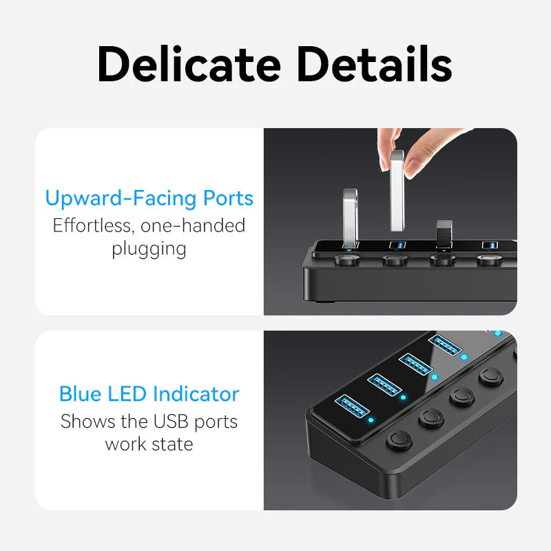 Vention CHXB0 USB B 3.0 to USB 3.0 x7 Hub with Individual Power Switches and DC 5.5mm Power Adapter