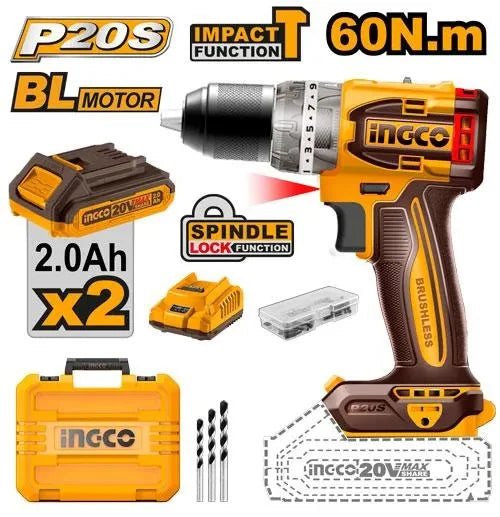 Ingco CIDLI20602 20V Li-Ion Cordless Compact Impact Drill Brushless