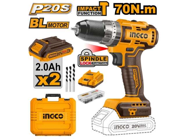 Ingco CIDLI20605 20V li-ion cordless brushless impact drill 70Nm