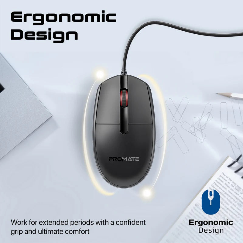 Promate 3 Button Wired Optical Mouse CM-1200
