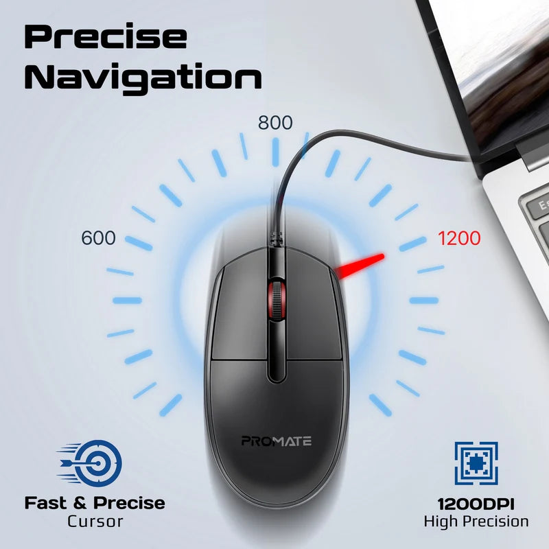 Promate 3 Button Wired Optical Mouse CM-1200