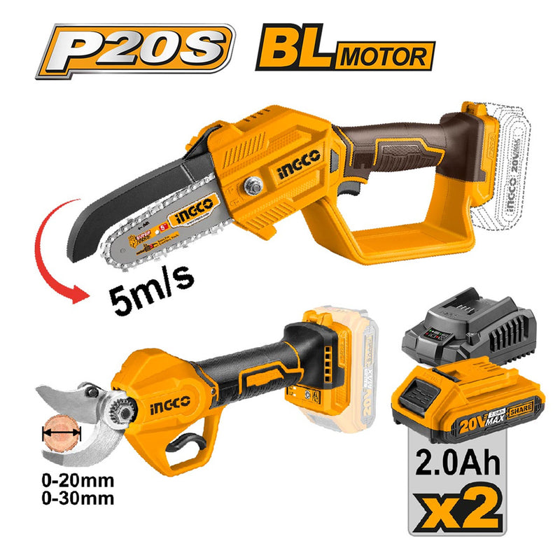Ingco COSLI240306 Cordless Mini Chain Saw Straight Shear Combo Kit (20V)