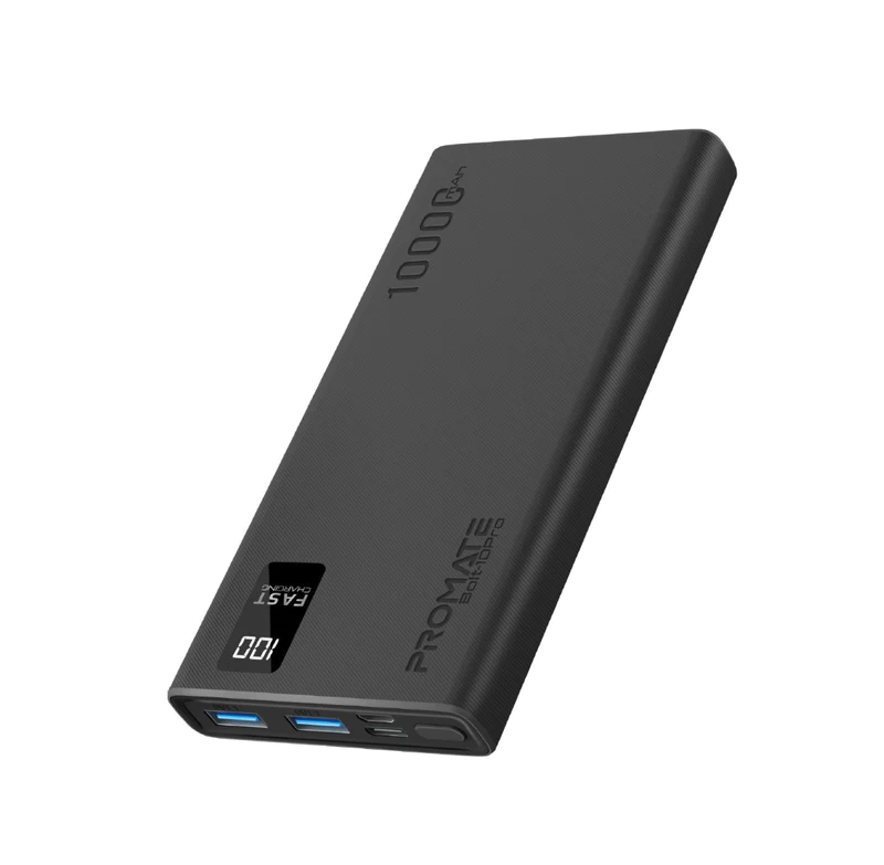 Promate 10000mAh Ultra Slim Compact Smart Charging Power Bank (BOLT-10PRO) - USB-C Input and Output, Micro-USB Input and 2 USB-A Output