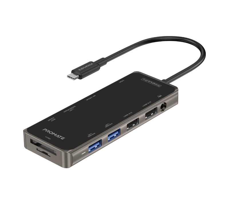 Promate 11 in 1 Ultra-Fast USB-C Hub (PRIMEHUB-PRO) - 100W Power Delivery, 4K HDMI, 1080p VGA, Dual Display Support, 1000Mbps LAN, SD/TF, AUX, USB-C Data, USB3.0 & USB 2.0 Ports