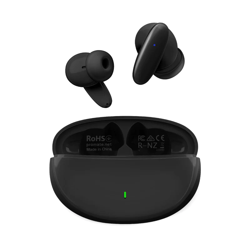 Promate Compact Bluetooth v5.1 TWS IPX5 Earphones (LUSH.BLACK) - 5 Hours Playing Time, Intellitouch Control, Water Resistant