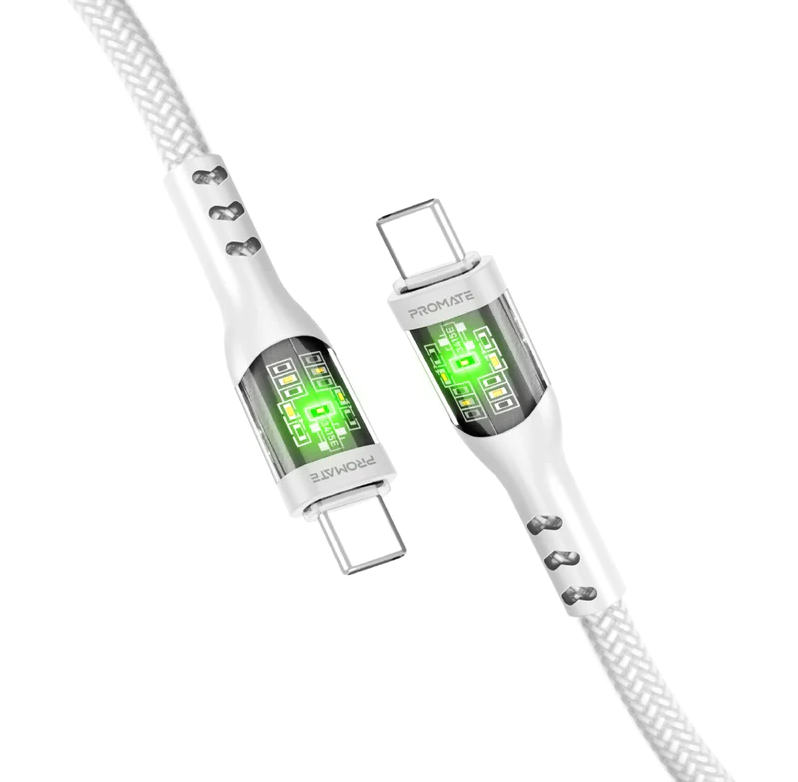 Promate 60W Ultra-Fast USB-C Transparent Shells Cable (TRANSLINE-CC) - 1.2M Length, 60W Power Delivery, LED Lights