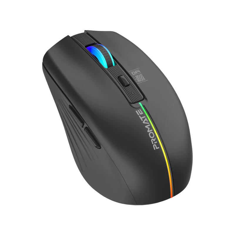 Promate Sleek Wireless Rechargeable Mouse (KITT.BLACK) - Adjustable 1600 DPI, 500mAh Rechargeable Battery, RGB Lighting