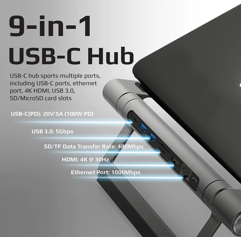 Promate 9-in-1 Laptop Stand + Removable USB-C Hub (PRIMEBASE-C) - 4K HDMI, RJ45, 100W USB-C Power Delivery, 5Gbps USB-C Data Transfer, 2 USB3.0 Ports, SD/TF