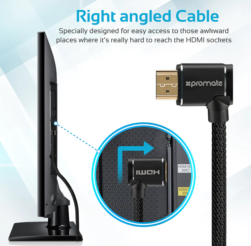 Promate HDMI (Male) - Right Angle HDMI (Male) Nylon Cable (PROLINK4K1-500) - 3D, 4K Ultra HD & Ethernet Support, 5M Length, Right Angled Input