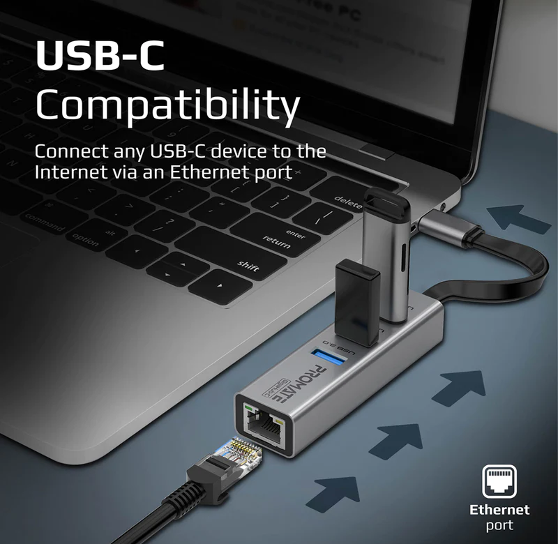 Promate Multi-Port USB-C Hub (GIGAHUB-C) - USB 3.0 Ports, 5Gbps Sync, 1000Mbps Ethernet Adapter