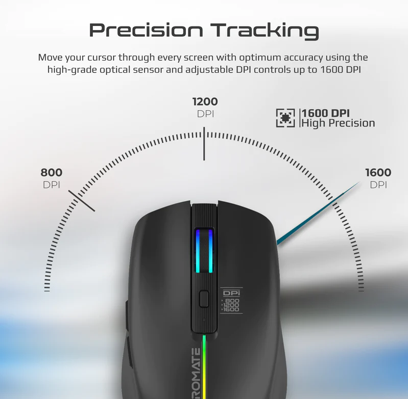 Promate Sleek Wireless Rechargeable Mouse (KITT.BLACK) - Adjustable 1600 DPI, 500mAh Rechargeable Battery, RGB Lighting