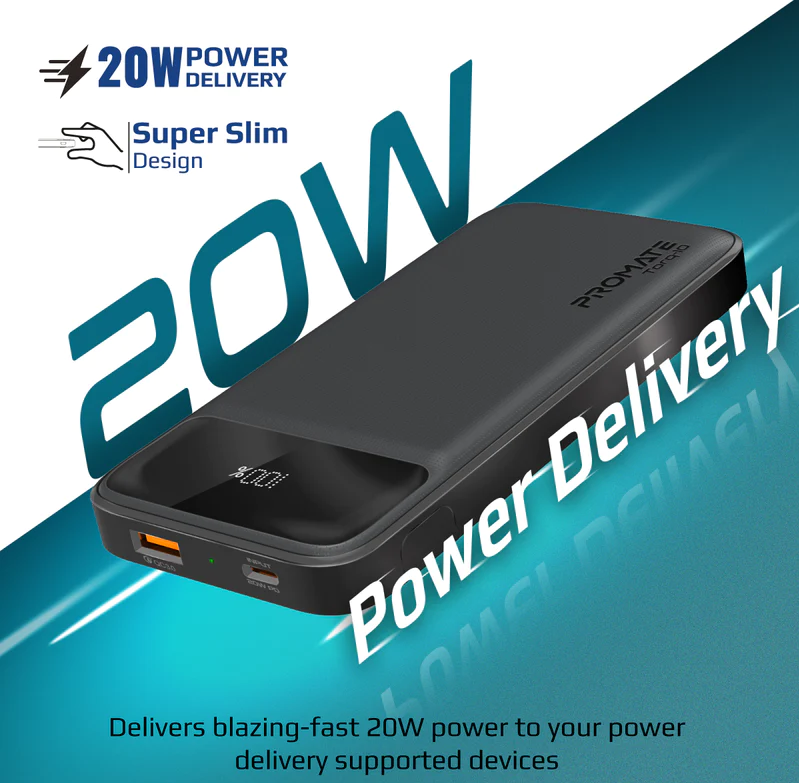 Promate 10000mAh Ultra Slim Power Bank (TORQ-10) - 20W Power Delivery, Quick Charge 3.0 Ports
