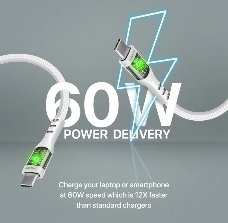 Promate 60W Ultra-Fast USB-C Transparent Shells Cable (TRANSLINE-CC) - 1.2M Length, 60W Power Delivery, LED Lights