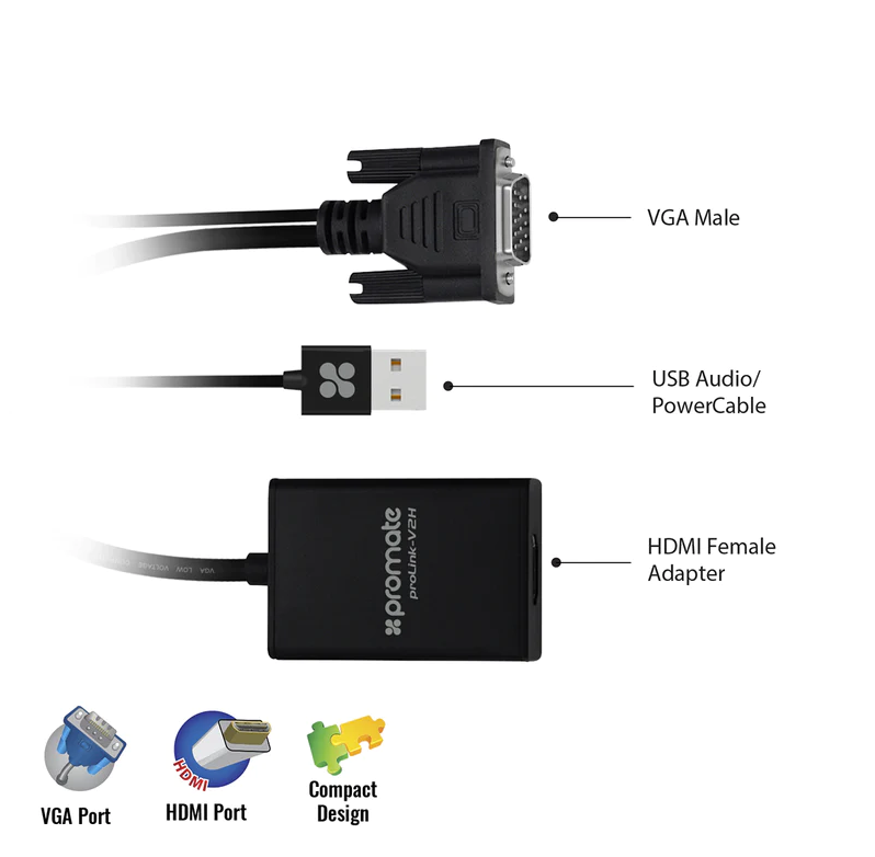 Promate HDMI to VGA Display Adaptor (PROLINK-V2H) - 1080p HD Resolution Support, Plug & Play Support, Built-in USB Cable for Audio & Power