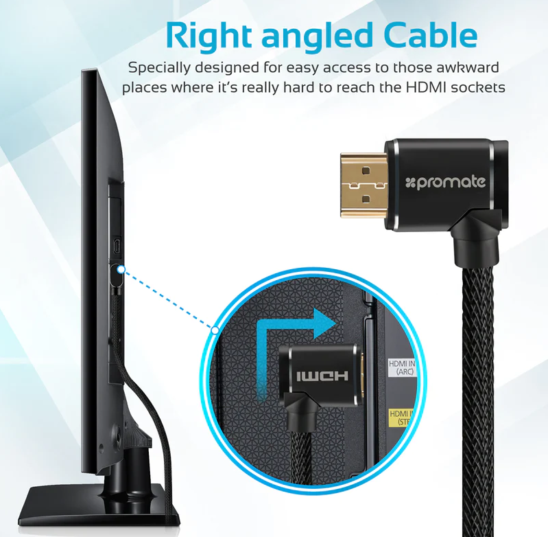 Promate HDMI (Male) - Right Angle HDMI (Male) Nylon Cable (PROLINK4K1-300) - 3D, 4K Ultra HD & Ethernet Support, 3M Length, Right Angled Input